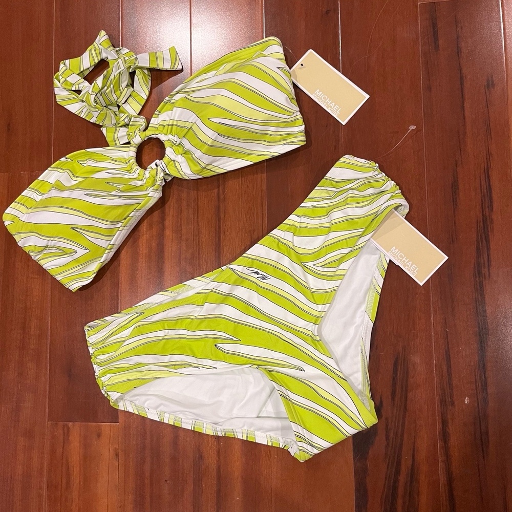 New NWT Michael Kors Bikini Two Piece Set Green White Limeade Striped‎ Swim Sz L
